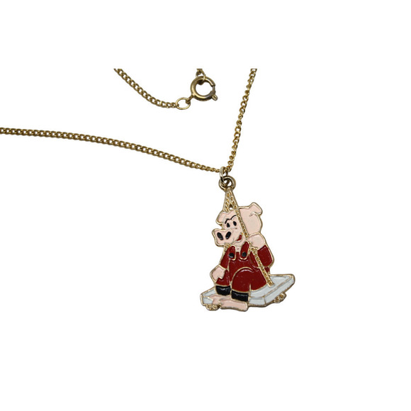 Vintage 80s Enamel Charm Necklace Pink Pig on a Swing in Original Box - Hey Viv - Picture 5 of 7